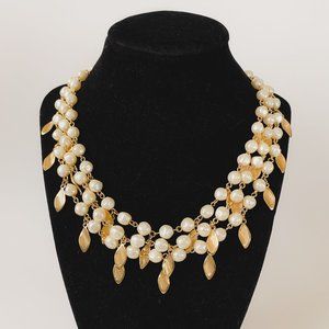 Avon Vintage Faux Pearl Gold Leaf Dangle Elegant Layered Statement Necklace